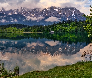 Niemcy, Bawaria, Drzewa, Jezioro Barmsee, Góry, Odbicie