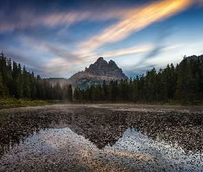 Włochy, Odbicie, Drzewa, Prowincja Belluno, Góry, Antorno Lake, Dolomity, Masyw, Jezioro, Tre Cime di Lavaredo