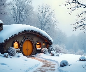 Hobbit, Grafika, Zima, Śnieg, Domek