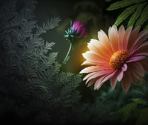Pąk, Gerbera, Grafika, Liście, Kwiat