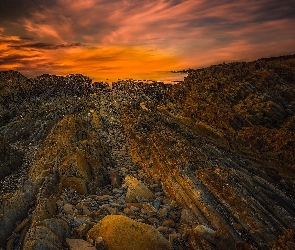 Stany Zjednoczone, Kalifornia, Skały, Zachód słońca, Morze, Montana de Oro State Park