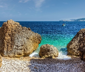 Skały, Łódka, Morze, Plaża, Kamienie