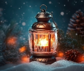 Śnieg, Świerk, Lampion, Zima, Świeca, Szyszki