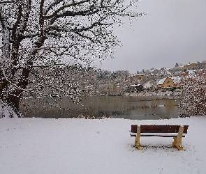 Drzewo, Śnieg, Jezioro, Ławka, Zima