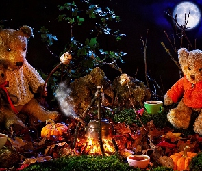 Liście, Księżyc, Filiżanki, Lampa, Misie, Halloween, Pluszowe, Ognisko, Kompozycja, Dynie