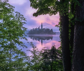 Drzewa, Kościół, Jezioro Bled, Słowenia, Wysepka, Blejski Otok