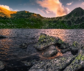 Rozświetlony, Skały, Jezioro, Szczyt, Góry
