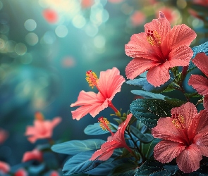 Kwiaty, Grafika, Tło, Hibiskusy, Kolorowe
