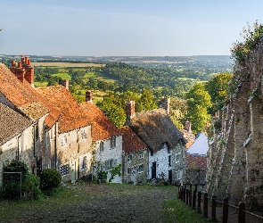 Anglia, Drzewa, Domy, Zachód Słońca, Mur, Ulica, Shaftesbury, Złote Wzgórze, Gold Hill