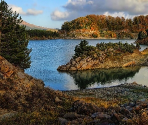 Jezioro, Grecja, Drzewa, Aoos Lake, Skały