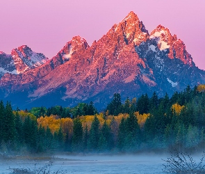 Stan Wyoming, Teton Range, Stany Zjednoczone, Góry, Drzewa, Park Narodowy Grand Teton, Jesień, Rzeka