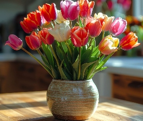 Tulipany, Stół, Wazon, Kolorowe, Kwiaty