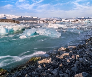 Jezioro Jokulsarlon, Lód, Kamienie, Islandia, Laguna