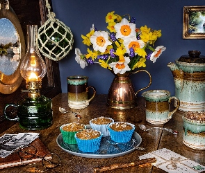 Obrazek, Muffiny, Lampa, Kompozycja, Bukiet kwiatów, Serwis kawowy