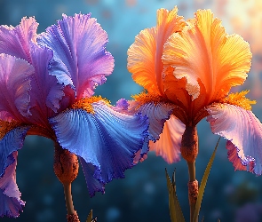 Irysy, Grafika, Kolorowe, Kwiaty, Dwa
