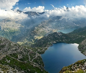 Góry, Nivolet Pass, Kamienie, Włochy, Przełęcz, Drogi, Jezioro, Agnel Lake, Mgła