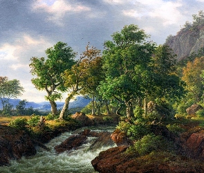 Skały, Drzewa, Frederik Christian Kiaerskou, Malarstwo, Góry, Rzeka