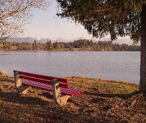 Czerwona, Góry, Jezioro, Drzewa, Ławka