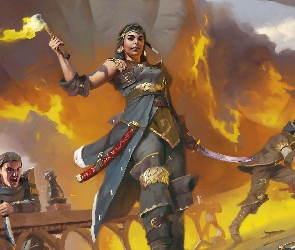 Magic The Gathering, Angrath, Gra karciana, Kobieta, Ogień, Postać, Żaglowiec, Piraci