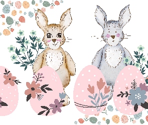 Zające, Grafika, Kwiaty, Pisanki, Wielkanoc