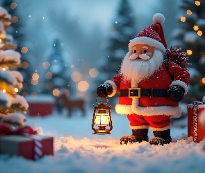 Grafika, Śnieg, Mikołaj, Święty, Lampion, Zima