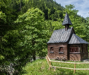 Niemcy, Bad Hindelang, Drzewa, Kościół, Góry, Kaplica Hubertuskapelle