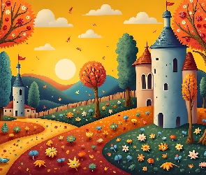 Jesień, Grafika, Drzewa, Domy, Kolorowa