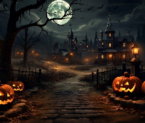 Grafiki, Noce, Dynie, Halloween, Drogi, Domy