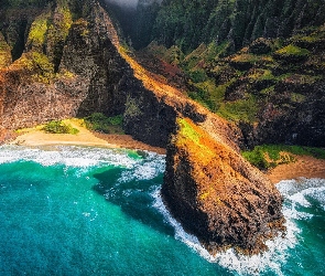 Stany Zjednoczone, Hawaje, Góry, Z lotu ptaka, Morze, Wyspa Kauai