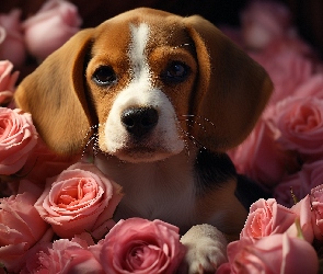 Pies, Szczeniak, Róże, Mordka, Beagle
