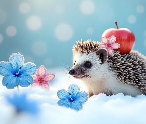 Kwiaty, Grafika, Śnieg, Jabłko, Jeż