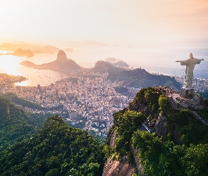 Góry, Domy, Rio de Janeiro, Statua Chrystusa Zbawiciela, Mgła, Brazylia, Ocean