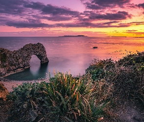 Anglia, Zachód słońca, Wybrzeże Jurajskie, Morze, Skały, Durdle Door
