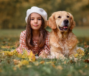 Liście, Jesień, Pies, Dziewczynka, Golden retriever, Łąka