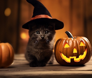 Halloween, Dynie, Kot, Mały, Kapelusz, Czarny