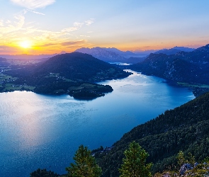 Góry, Wschód słońca, Jezioro Mondsee, Alpy, Austria