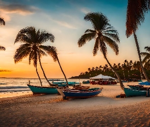 Plaża, Łódki, Zachód słońca, Palmy, Morze