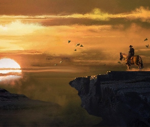 Gra, Słońce, Ptaki, Grafika, Mgła, Koń, Red Dead Redemption, Skały, Kowboj