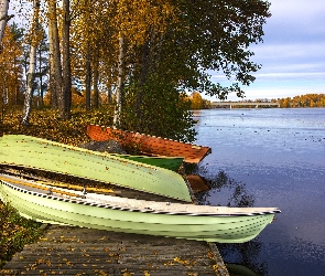 Pomost, Jesień, Jezioro, Drzewa, Łódki