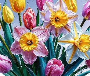 Grafika, Krople, Tulipany, Narcyzy, Kolorowe, Kwiaty