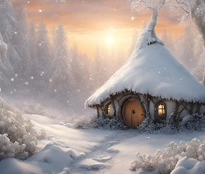 Hobbita, 2D, Śnieg, Zima, Domek