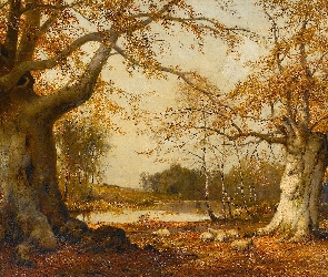 Obraz, Drzewa, Malarstwo, Las, Jezioro, Alfred de Breanski, Owce, Buki