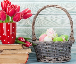 Kosz, Książki, Kubek, Tulipany, Pisanki