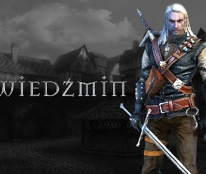 The Witcher, miecz, mężczyzna, wioska