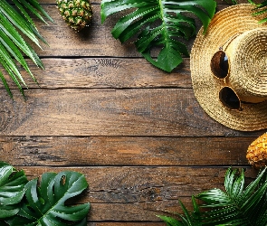 Kompozycja, Deski, Ananas, Kapelusz, Liście, Drewno
