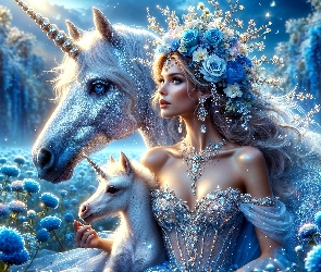 Kwiaty, Fantasy, Jednorożce, Konie, Kobieta