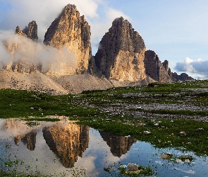 Odbicie, Woda, Góry, Włochy, Tre Cime di Lavaredo, Trzy szczyty
