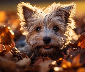 Szczeniak, Liście, Mordka, Yorkshire terrier, Pies