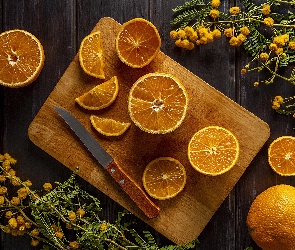 Kwiaty, Żółte, Nóż, Deska, Pomarańcza, Plastry