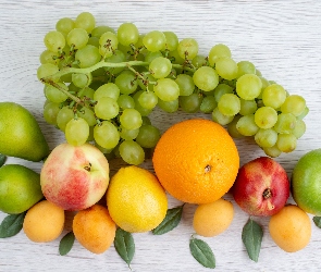 Winogrona, Pomarańcze, Owoce, Jabłka, Cytryny, Gruszka, Deski, Brzoskwinie